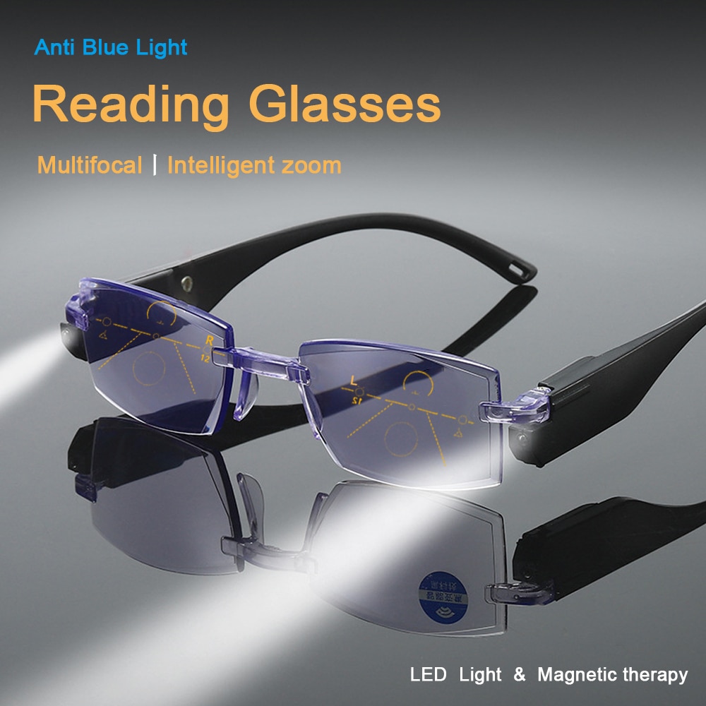 Progressive multi-focus anti-blue light reading glasses magnetic therapy LED luminous glasses smart zoom reading glasses