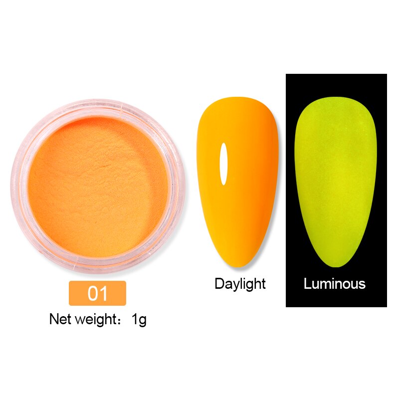 1 låda fluorescerande nagelpulver neonfosfor färgglad nagelkonst glitterpigment som håller längst 3d glödande självlysande dammdekorationer: 09