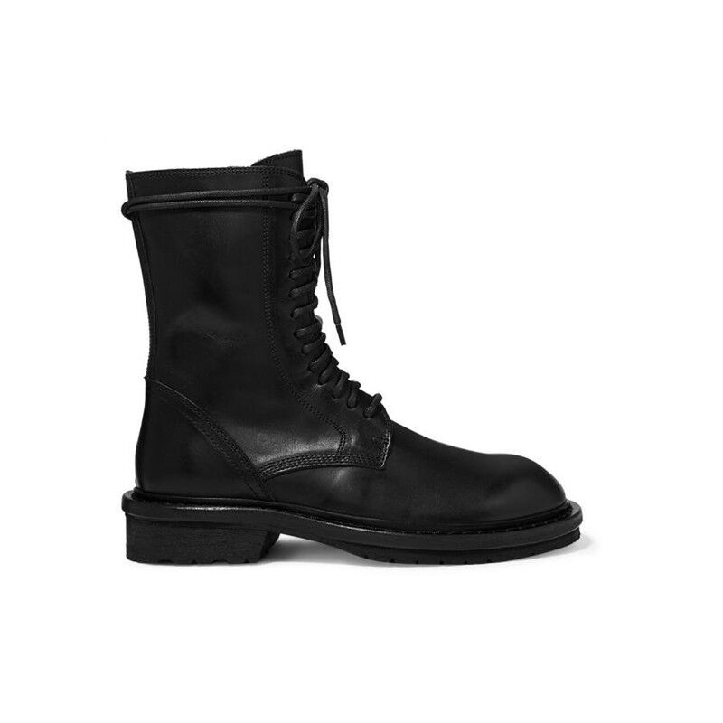 À lacets talons épais moto botines bout rond creeper knight bottes femme mi-mollet noir bref hiver bottes d'équitation femmes