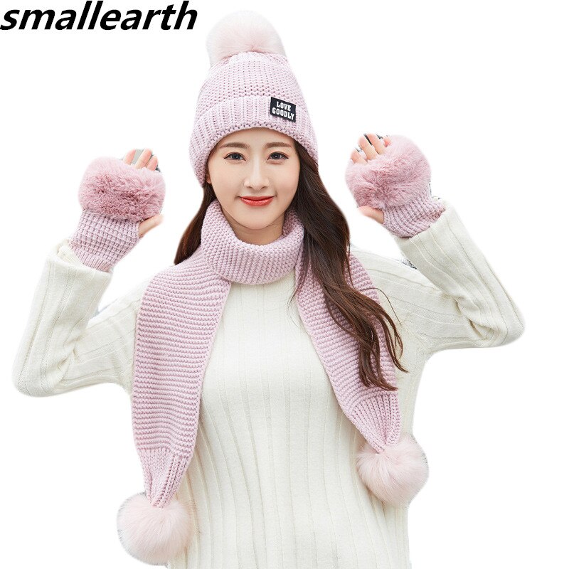 Vrouwen Hoeden Sjaal Handschoen Drie Stukken Sets Winter Gebreide Muts Sjaal Vrouwen Gorros Casual Lange Sjaal Chapeu Feminino bone