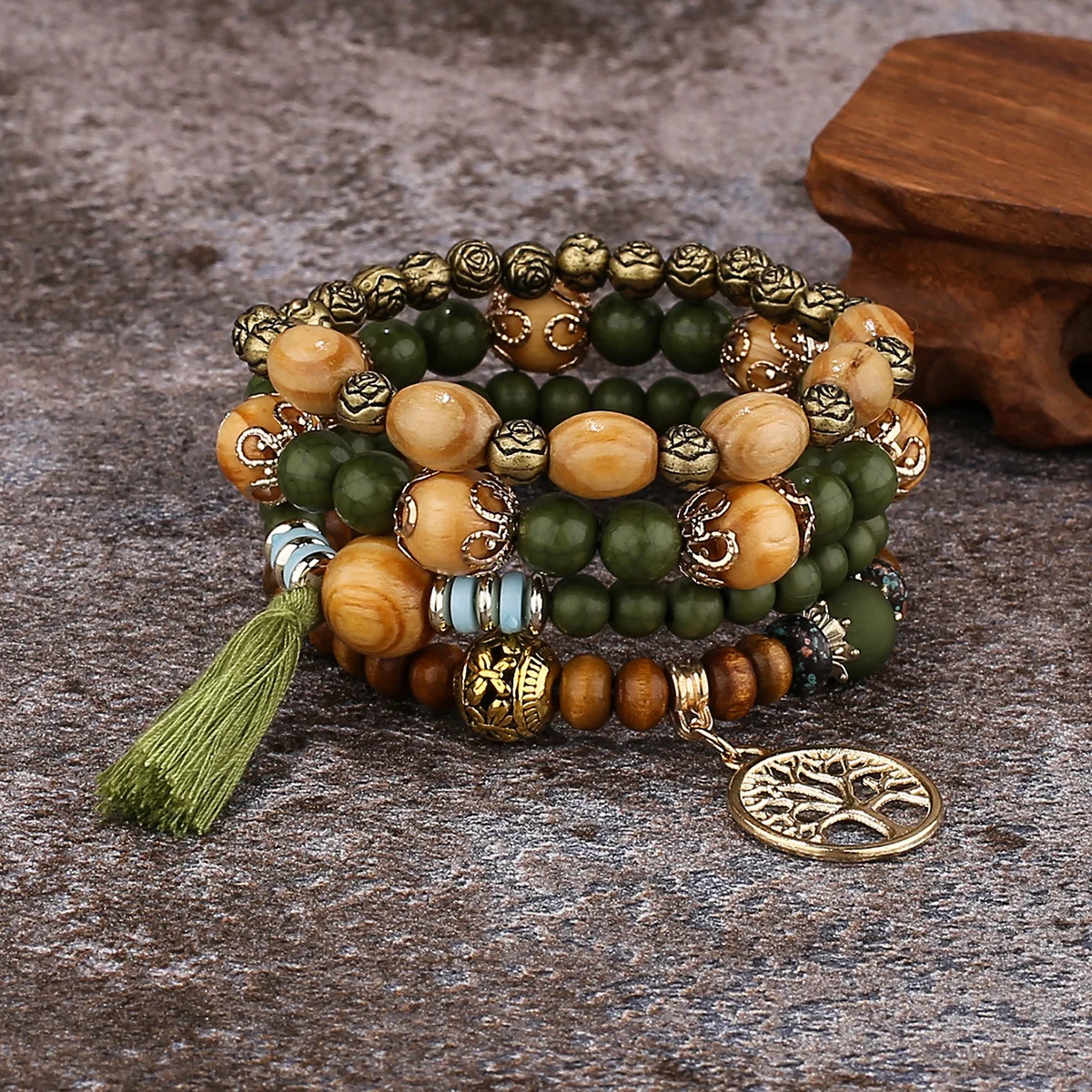 Conjunto de pulsera de árbol de la vida para mujer, brazalete de cadena elástica con cuentas de madera y borlas, joyería de para: Color marrón amarillo