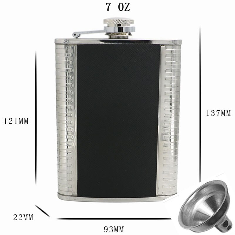 4 oz 6 oz 7 oz fiaschetta in acciaio inossidabile, in similpelle nera, portatile, per Whisky, con imbuto, bottiglia per alcol inclusa: 7 oz