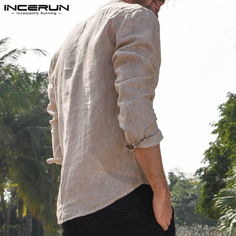 5XL Mens Dress Shirts Long Sleeve Button Crew Neck Linen Cotton Shirts Solid Loose Autumn Hiphop Plus Size Male Clothes