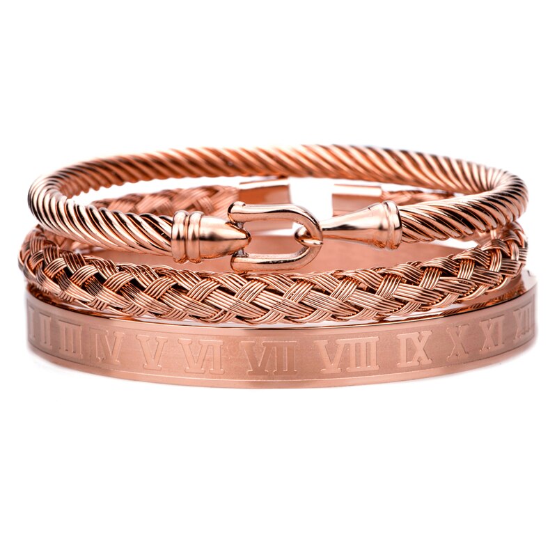 3 teile/satz königlich Römischen Armbänder Kabel Draht Hufeisen Schnalle Armreifen Für Männer Edelstahl Pulseiras Schmuck Zubehör: Rose Gold einstellen WW