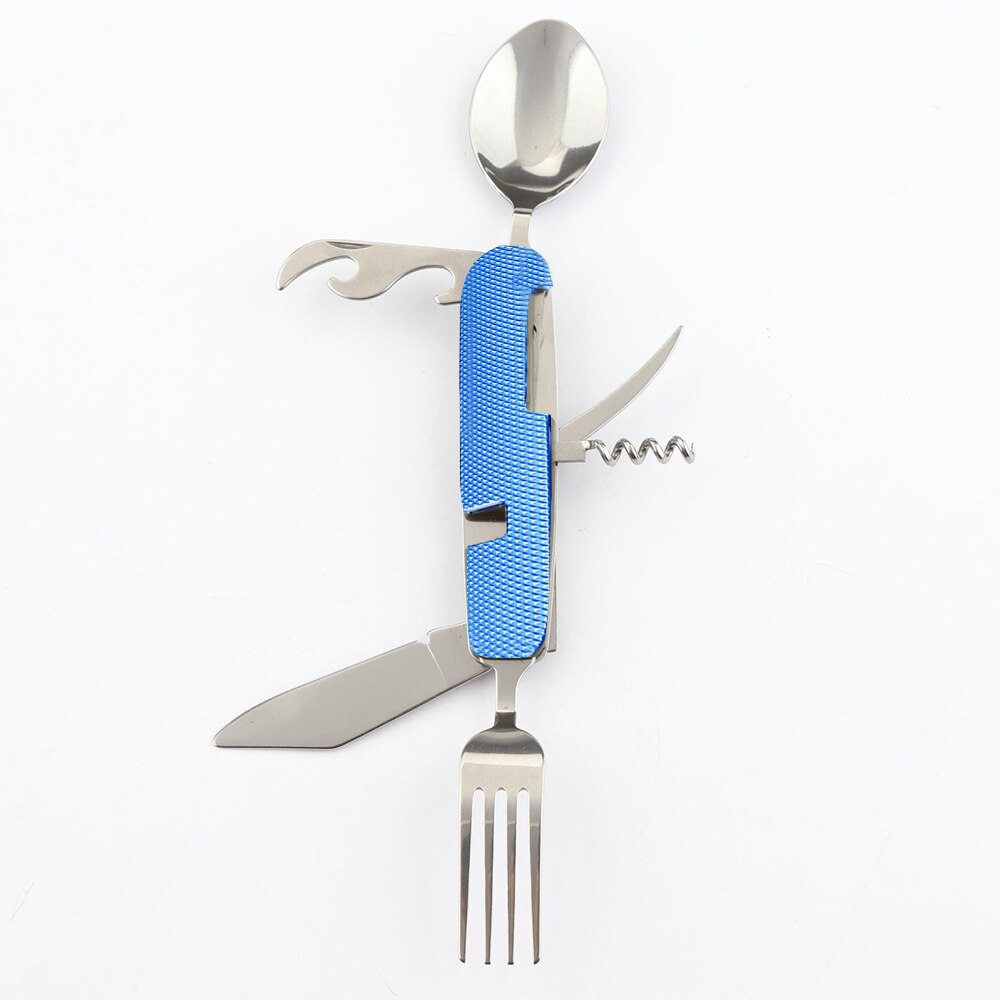 Vajilla utensilios de doble tenedor-cuchara tenedor puede abridor cubiertos cuchara cuchillo portátil cubiertos de campamento, pícnic multi herramienta multitool: Azul