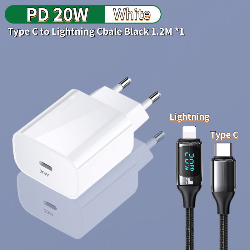 Ładowarka USB typu C 20W PD dla iPhone 12 Pro Max 13 11 XR 8 X XS szybkie ładowanie 3.0 iPad błyskawica kabel telefon szybka ładowarka: EU 20W add C-L Black
