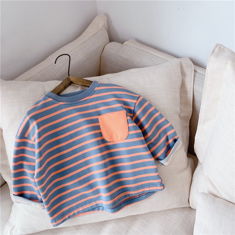 Kinderen Herfst Lange Mouwen Trui T-shirt Meisjes Koreaanse Stijl Gestreepte T-shirt: Blue Orange Article / 4T