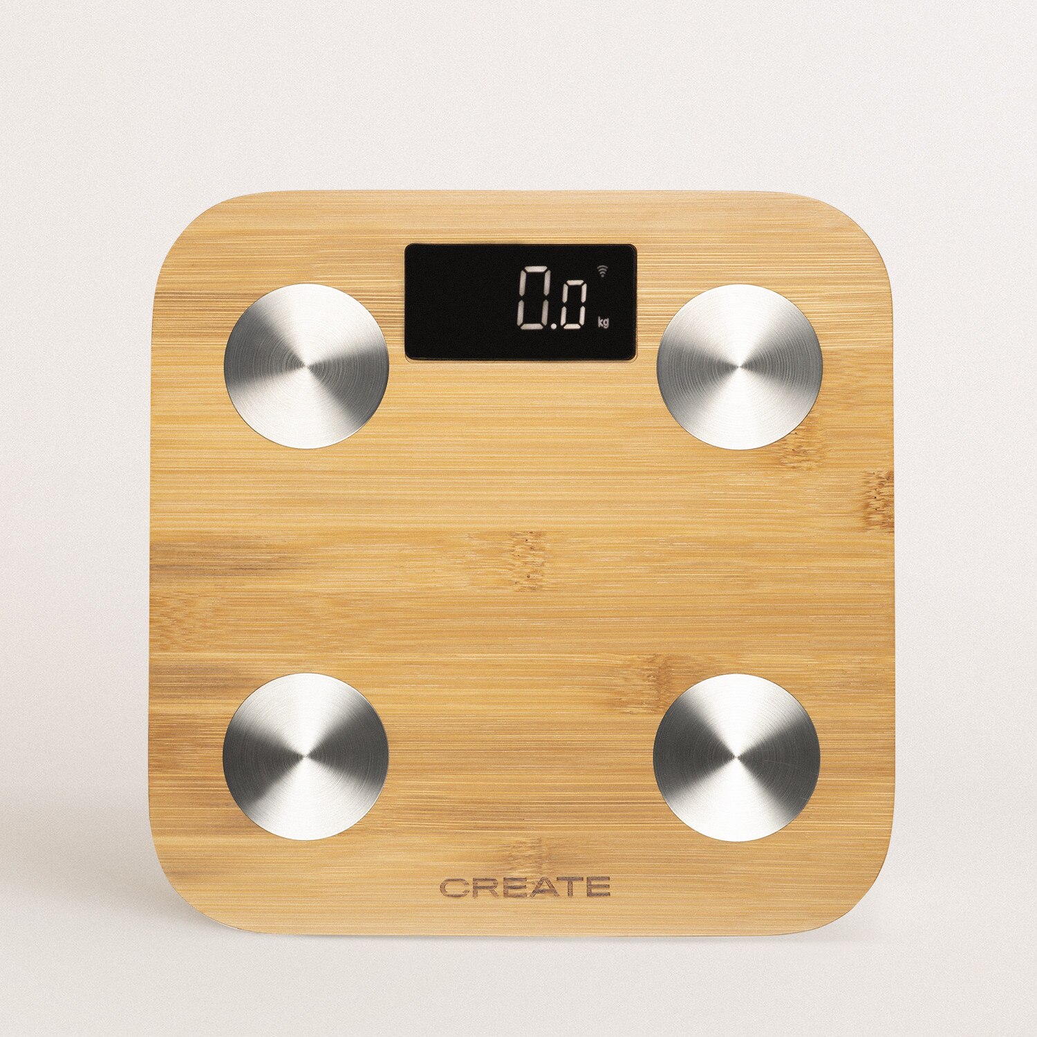 CREATE-BALANCE BODY BAMBOO SMART, Báscula de Baño de Bioimpedancia de Bambú, 12 Parámetros Bio-corporales, Conectividad WiFi APP