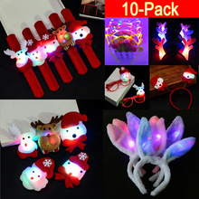 10Pack Christmas LED Light Up Slap Bracelet Brooch Glasses Plush Headband Antler Halloween Christmas Party Decorations