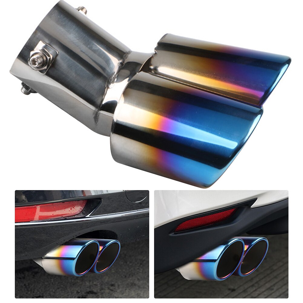 Burnt Blue Car Exhaust Tip 2 Outlet Slant Cut Stainless Steel Muffler Universal Easily Installation Personal Car Elements