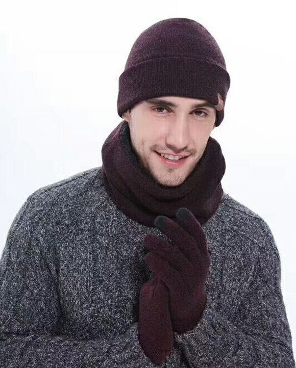 Zou.Rena sombreros de invierno bufandas guantes Conjunto de de Punto más terciopelo sombrero bufanda conjunto Kit masculino 3 unids/set gorros bufanda guante