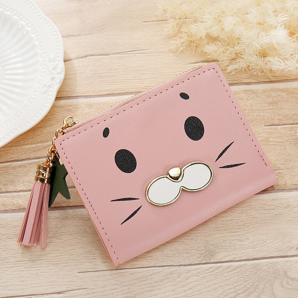 Mini Cute Cat Womens Tassle Wallets Purses Short Female Coin Purse Credit Card Holder Ladies Outdoor Travel Cluth Bag: Pink