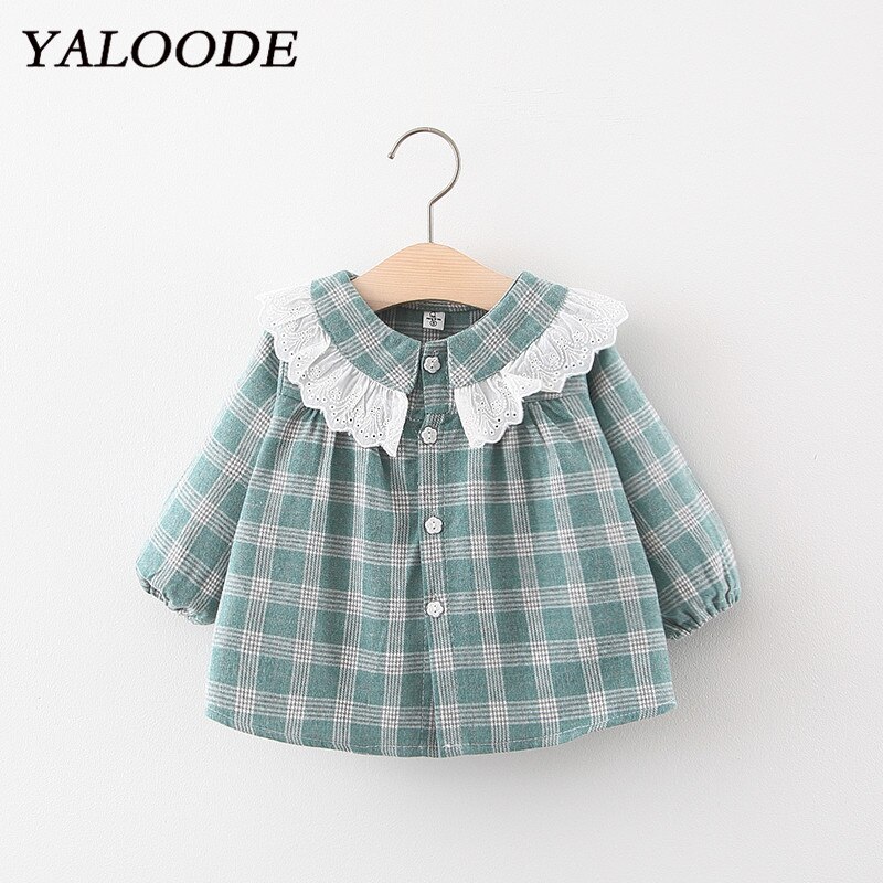 Yaloode forår efterår pige skjorte o-hals blonder bomuld plaid bluse skjorter til baby piger tøj