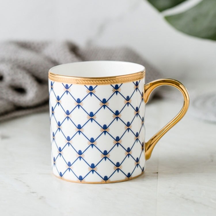 Tasse à café de luxe de Style britannique, 350ml, avec rayures dorées, en porcelaine, pour Couple, avec boîte: Reticulated Blue 684