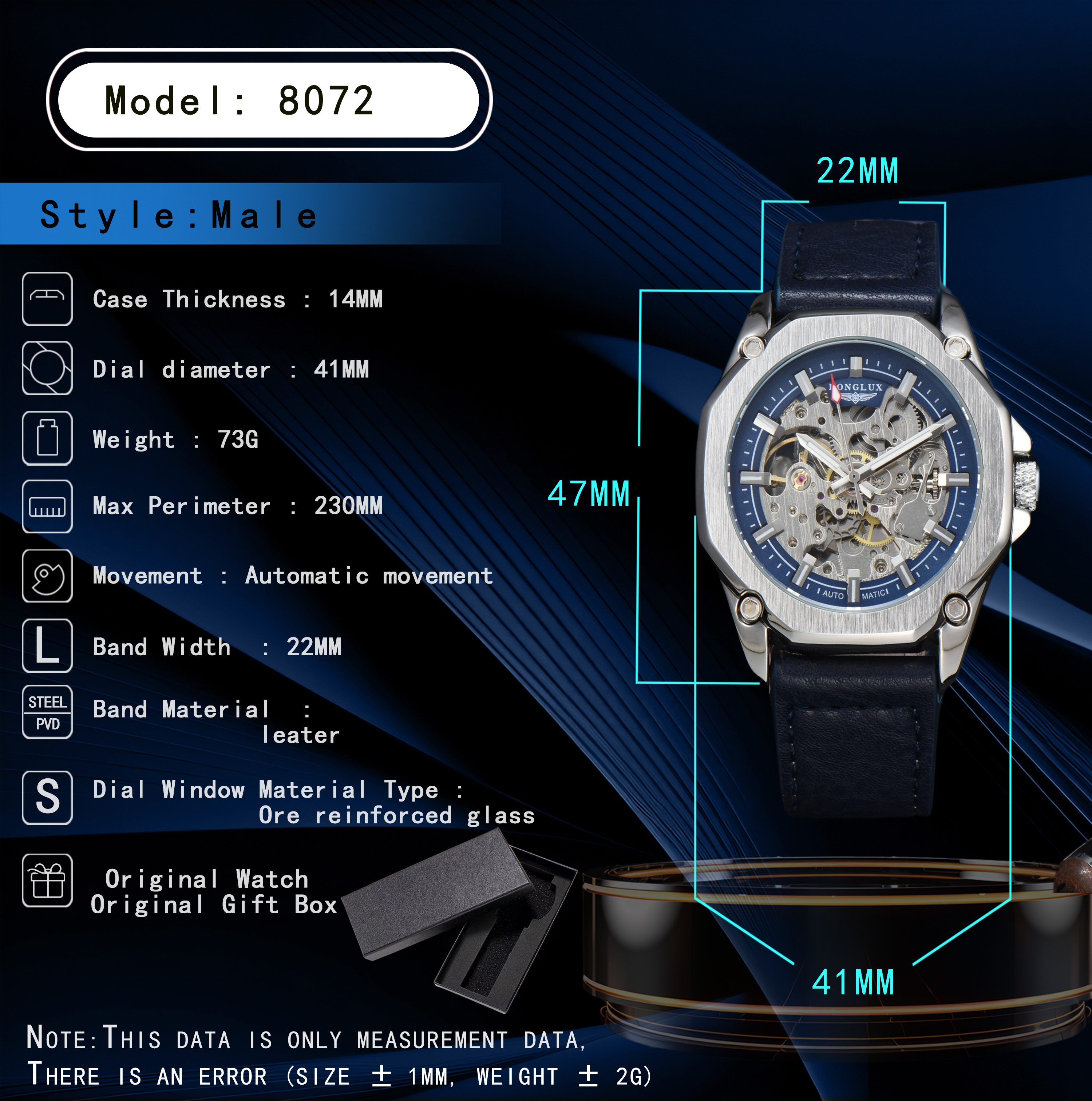 LONGLUX montre automatique sport style montres mécaniques creux en cuir hommes montre hommes