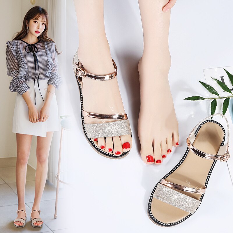 Stq sommer kvinder sandaler sort guld flade sandaler kvinder gummi strand flip flops damer flad hæl gladiator sandaler  yy366