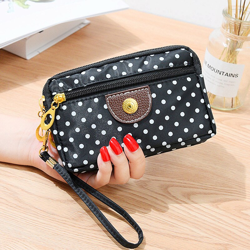 Women Wallet Cute Dot Canvas Three Zipper Multi-layer Fabric Mobile Phone Bag Female Clutch Pouch: Black