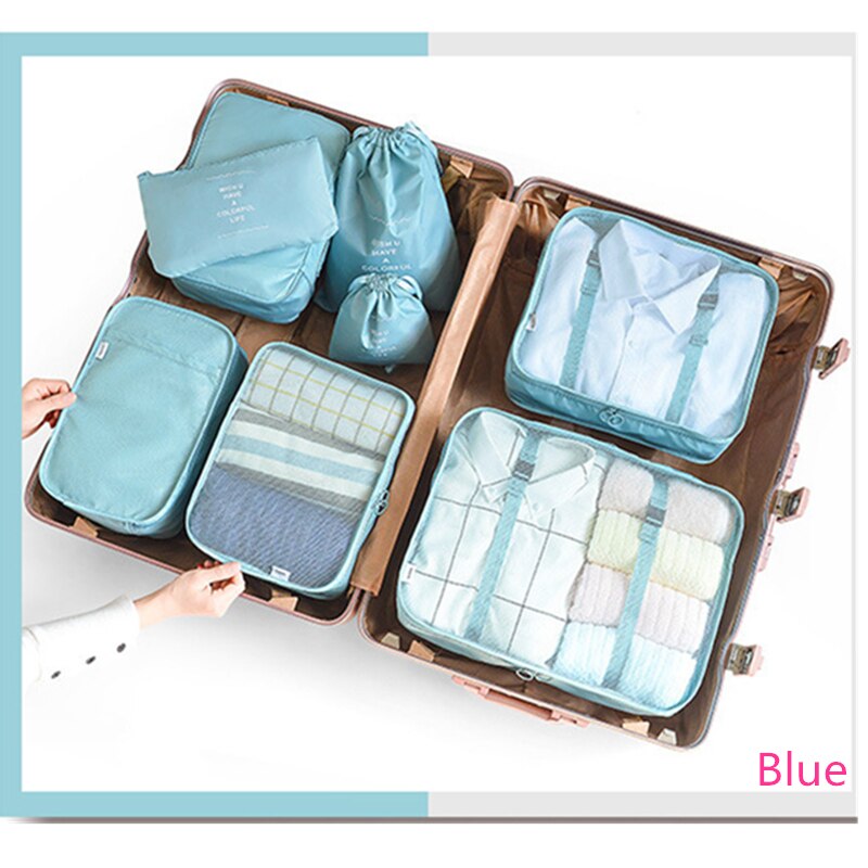 8 Stuk Koffer Organisator Opbergtas Reizen Cosmetische Bag Kleding Ondergoed Schoenen Verpakking Kubus Reizen Make Tassen: Blauw