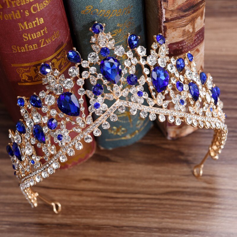 Luxe gouden rode strass bruids tiara's kroon vintage barok kristal diadeem voor bruiden hoofdbanden bruiloft haaraccessoires: Goudblauw