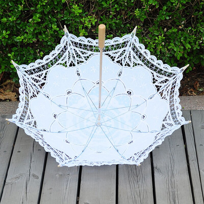 Wit Beige Bruids Paraplu Parasol Kant Bruiloft Paraplu Voor Bruid Houten Handvat Parasol Ombrelle Dentelle Mariage
