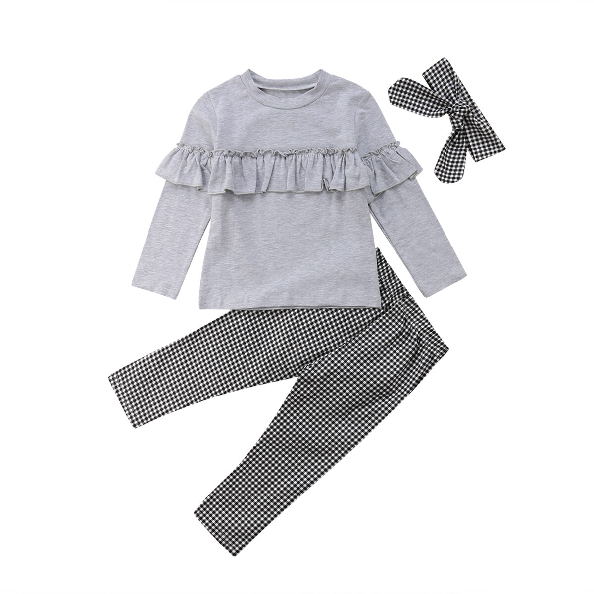 Bambino del bambino Bambini vestiti Del Bambino Della Ragazza Ruffle manica lunga Magliette e camicette + plaid Pantaloni Leggings + fascia per capelli 3 pz Outfits Vestiti set: 6