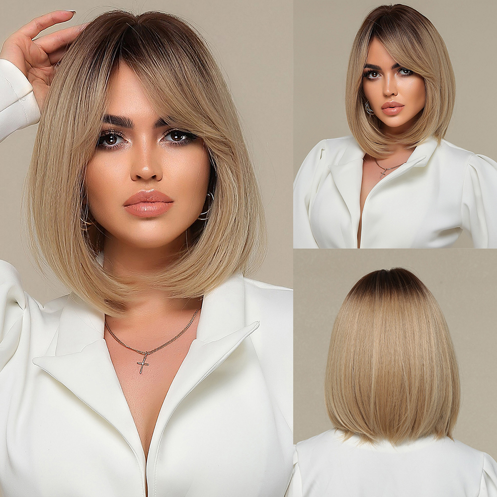 Pelucas sintéticas ombré marrón Rubio para mujer, pelo corto ondulado Bob con flequillo, onda corporal, Cosplay, Lolita, pelo Natural resistente al calor: P4 / 27