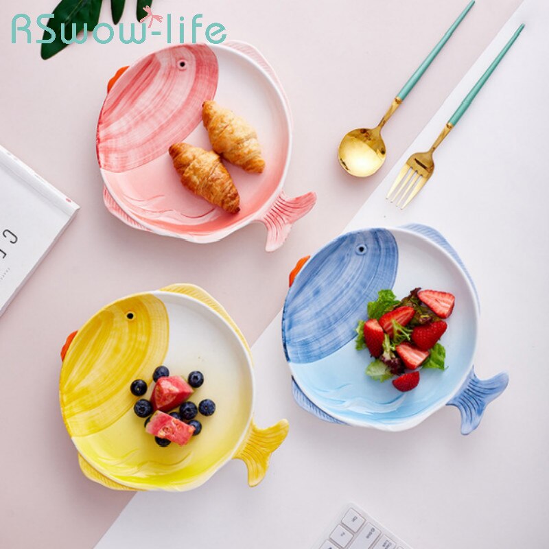 Cuencos y platos de cerámica con forma de pez, pintados a mano y esmaltados con dibujos animados, cuencos y platos para el hogar de un solo color.