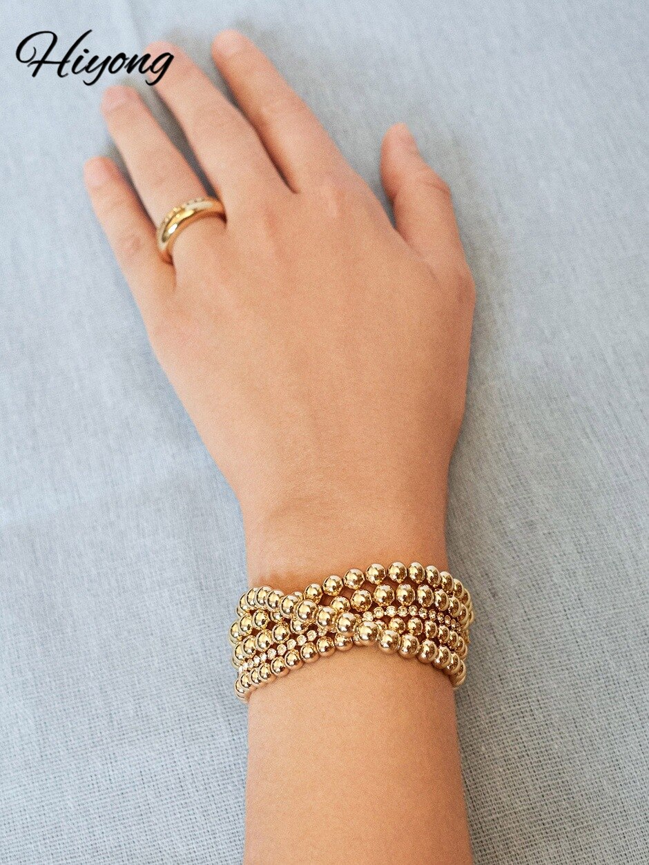 Duoying Elastische Perlen Armbänder Kupfer Einfachheit Gold 6mm 8mm Runde Perle Kette Geometrie Armbinde Für Frauen Armbänder