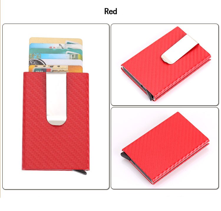 BISI GORO RFID fibra de carbono caja única cartera PU cuero Protector tarjeta de crédito titular Slim Card Case tarjetero hombre: X-2 Carbon Red