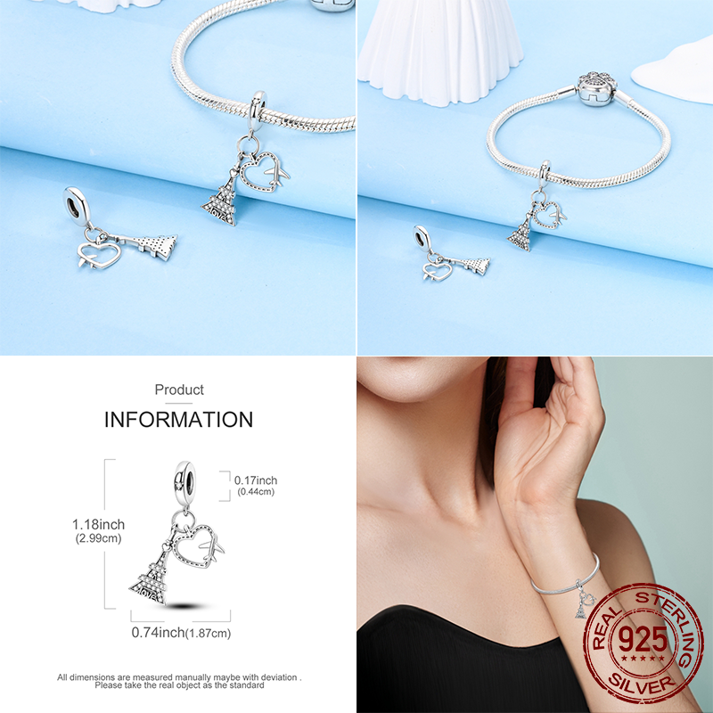 100% 925 argent Sterling avion monde Paris breloques pendentifs ajustement Original Bracelet fabrication de bijoux femme