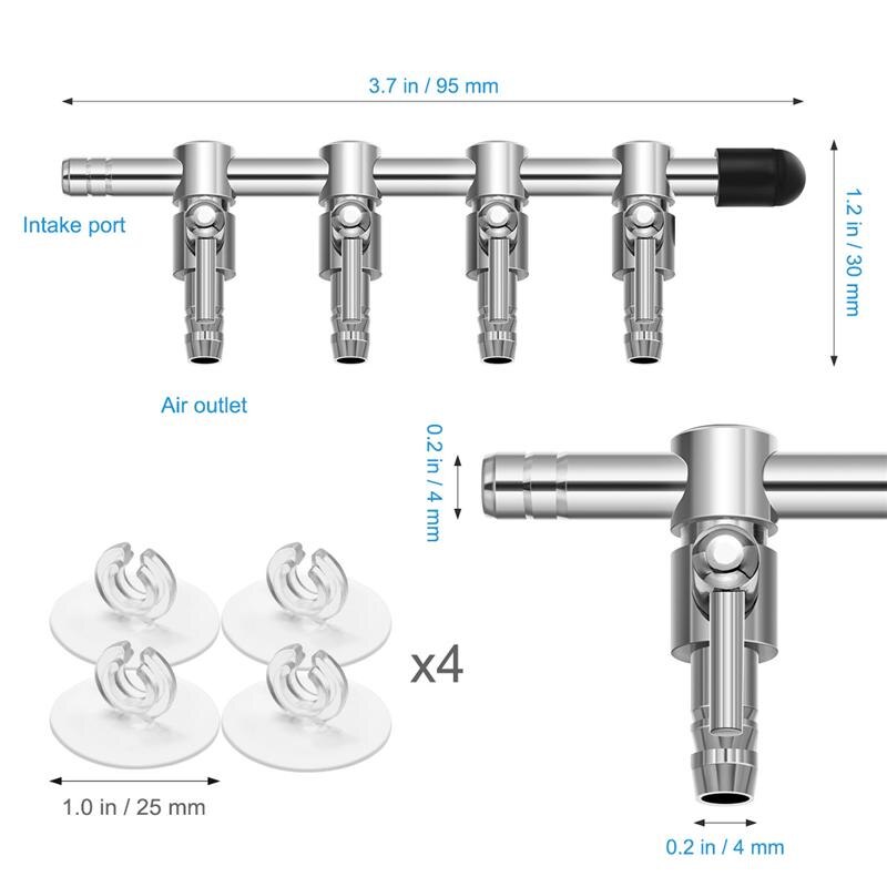 Aquarium Fish Tank Oxygen Dispenser 4-Way Air Flow Control Fish Tank Oxygen Dispenser Distributor Valve With Suction Cup