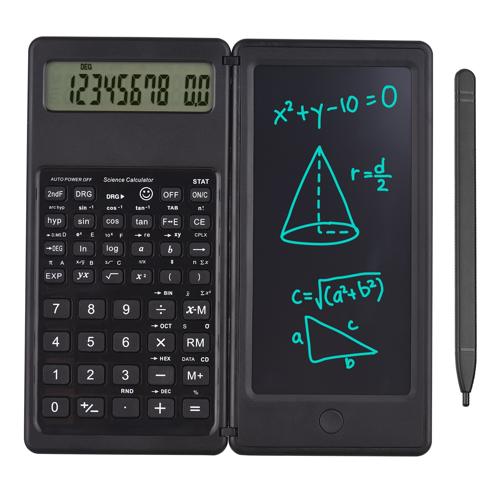 Lommeregner med lcd skrivetablet desktop regnemaskiner 10 -cifret display med stylus sletteknap tynd og foldbar: Sort