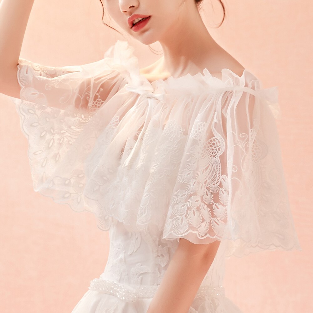 Ivory Women Tulle Wedding Bridal Stole Sheer Lace Ruffle Off the Shoulder Wrap Simple Formal Shawl with Ribbon