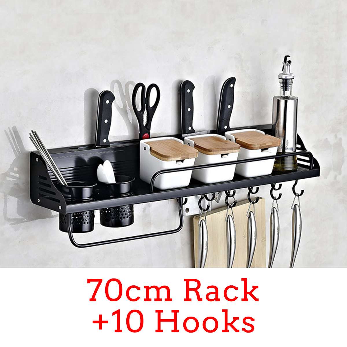 Wall-Mount Spice Racks Aluminum Kitchen Organizer Storage Shelves Utensil Spoon Hanger Hook Kitchen Gadgets Accessories Supplies: 70cm Rack 10 Hooks