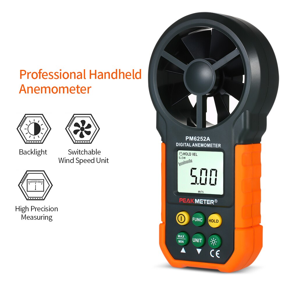 PEAKMETER PM6252A Portable Handheld Anemometer Wind Speed Meter CFM Meter Wind Gauges Air Flow Thermometer with LCD Backlight