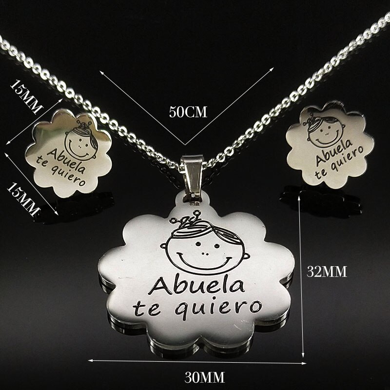 Abuela Rvs Oorbellen Ketting Set Sieraden Voor Vrouwen Zilveren Kleur Set Sieraden Aretes De Mujer 178621