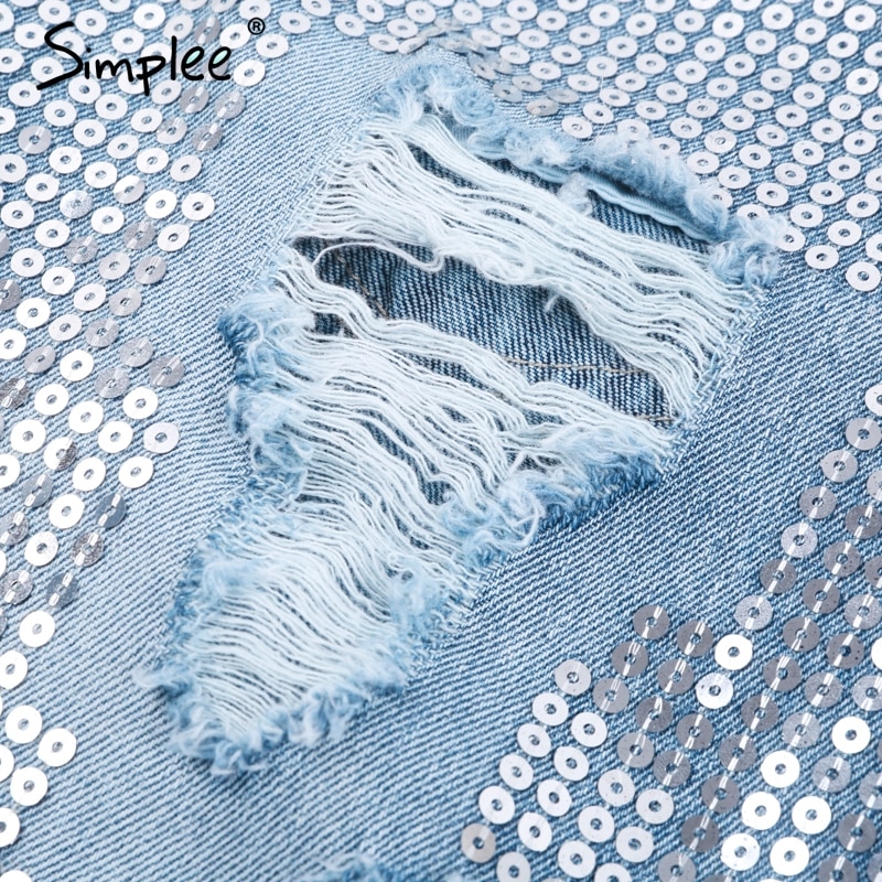 Simplee Sequin trou bleu jean femmes bas Streetwear fermeture éclair frange déchiré jean pantalon printemps pantalon ample femme denim