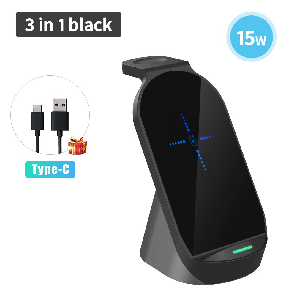 3 in 1 15w Qi Quick Wireless Charger Stand Dock For Apple Watch AirPods iPhone Samsung Xiaomi Phone Fast Induction Charging: 3 in 1 Black