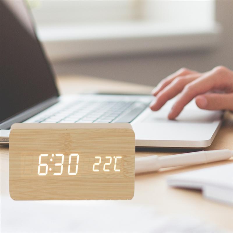 Réveil en bois à LED, thermomètre numérique, horloge électronique de bureau, alimenté par USB/AAA, décoration de Table