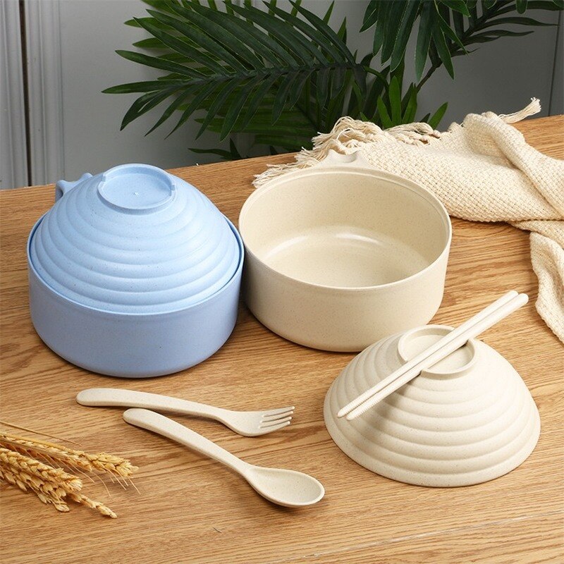 1Set Noodles Bowl with Lid Handle Dinnerware Wheat Straw Style Soup Bowl Microwavable Bowl Electric Lunch Box Food Container