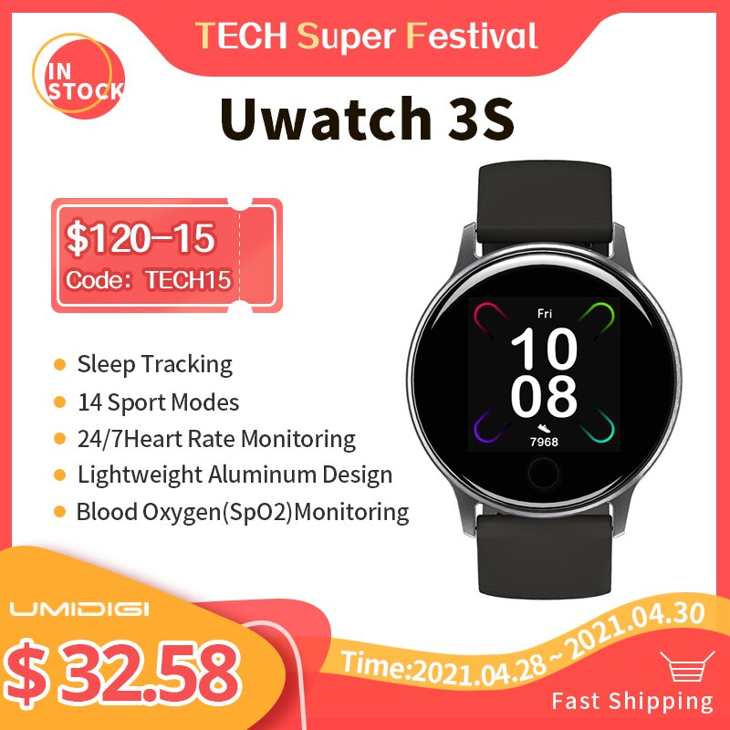 UMIDIGI – montre connectée Uwatch 3S pour Android et IOS, étanche jusqu'à 5atm, avec horloge, moniteur de fréquence cardiaque et de sommeil