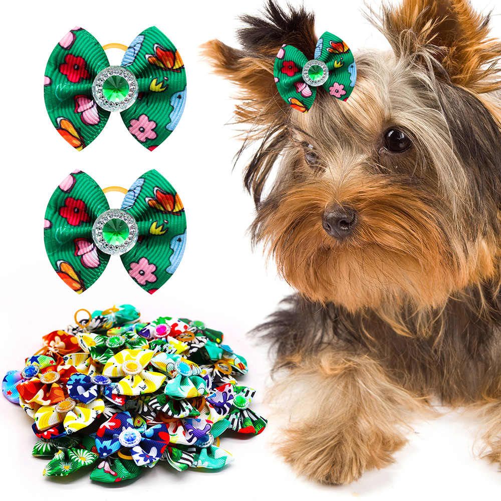 20 pièces été chien cheveux arcs chien arcs avec diamant coloré toilettage élastique pour petit chien animal de compagnie filles toilettage cheveux accessoires