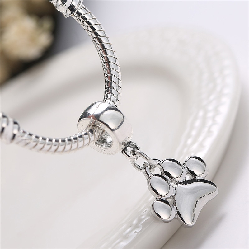 5Pcs/Set Cute Pets Dogs Footprints Paw Chain Pendant Silver Plated DIY Bead Women Necklace Bracelet Jewelry