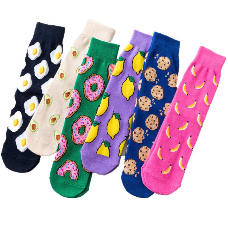 Frauen Socken Lustige Nette Karikatur Obst Banane Avocado Zitrone Ei Cookie Donuts essen Glücklich Japanischen Harajuku Skateboard Socken