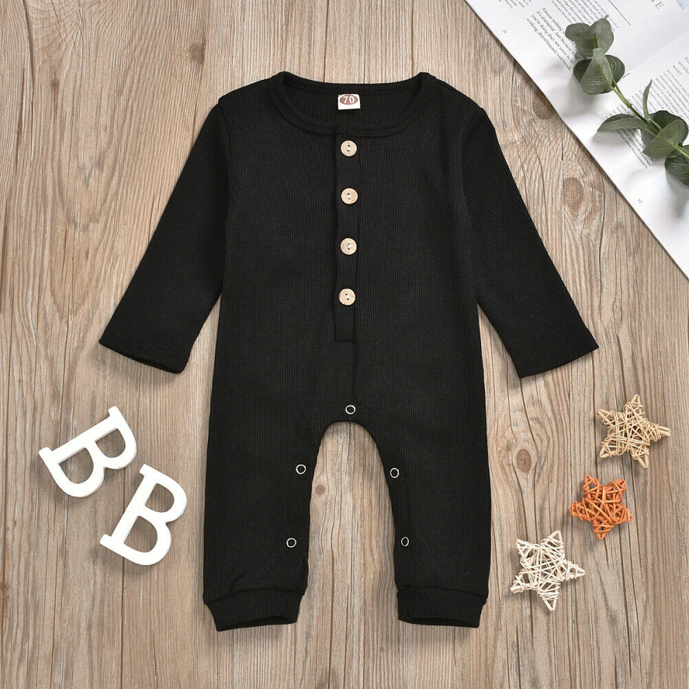Infant Baby Girl Boy Romper Clothes Solid Button Long Sleeve Knitted Romper Jumpsuit Overall Outfits