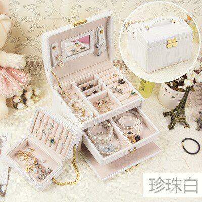 Leather Jewelry Box 7 Colors With Small Protable Travel Jewelry Casket 3 Layers Box: White