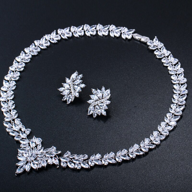 Threegraces Nigeriaanse Vrouwen Leaf Vorm Kubieke Zirkonia Steen Grote Bruids Ketting Oorbellen Sieraden Set Voor Trouwjurk JS047