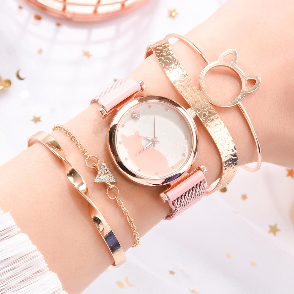 5 st/set dam klockor roséguld armband set kattmönster svart magnet klocka dam armband armbandsur lyx kvarts klocka