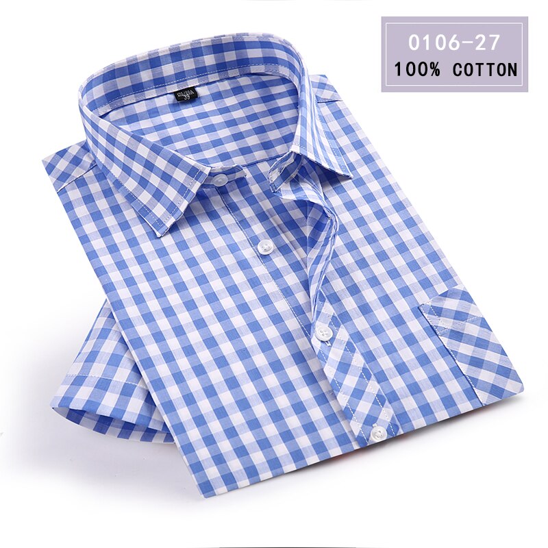 Summer Short Sleeve blue Plaid Shirts Men Casual Shirts square collar loose fit Shirts with front pocket 100% cotton