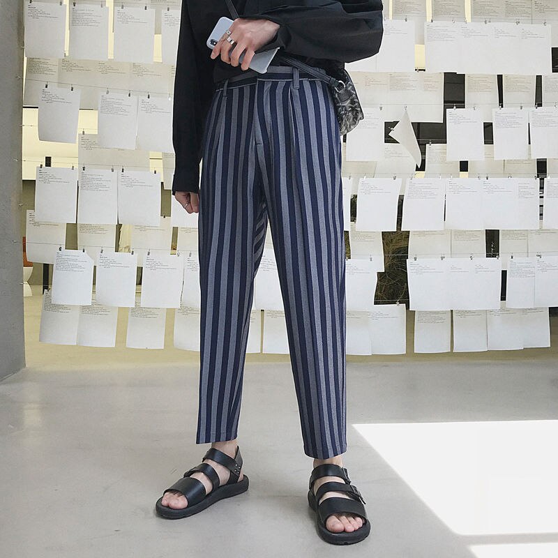 Koreanska randiga kostymbyxor herr slimmade business casual dress byxor herr samhället vilda lösa raka breda ben byxor herr